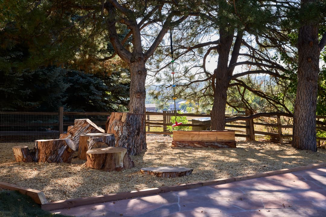 Tree stump seating area with a swing, surrounded by greenery and a rustic wooden fence.