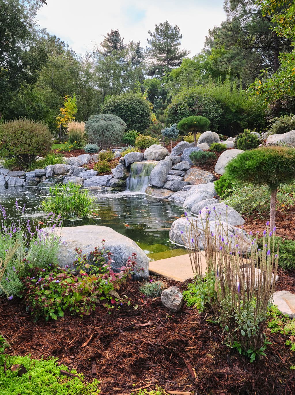 Serene garden landscape featuring a pond, waterfall, rocks, and lush greenery.