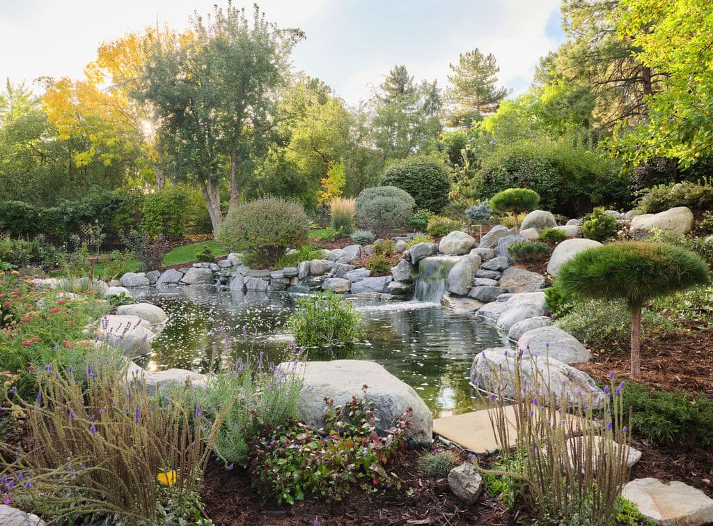 Serene garden pond with cascading waterfall, surrounded by lush greenery and colorful flowers.
